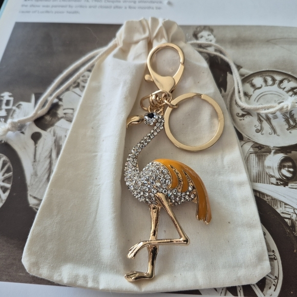 Accessories - Gold  And Caramel .Flamingo Keychain / Purse Charm Encrusted With Rhisnestones